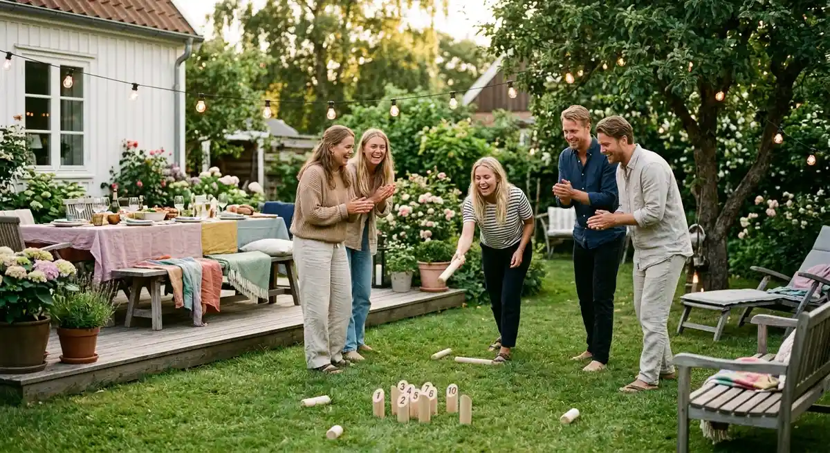 Glade gæster der griner og leger selskabslege til en hyggelig dansk havefest med nordisk æstetik